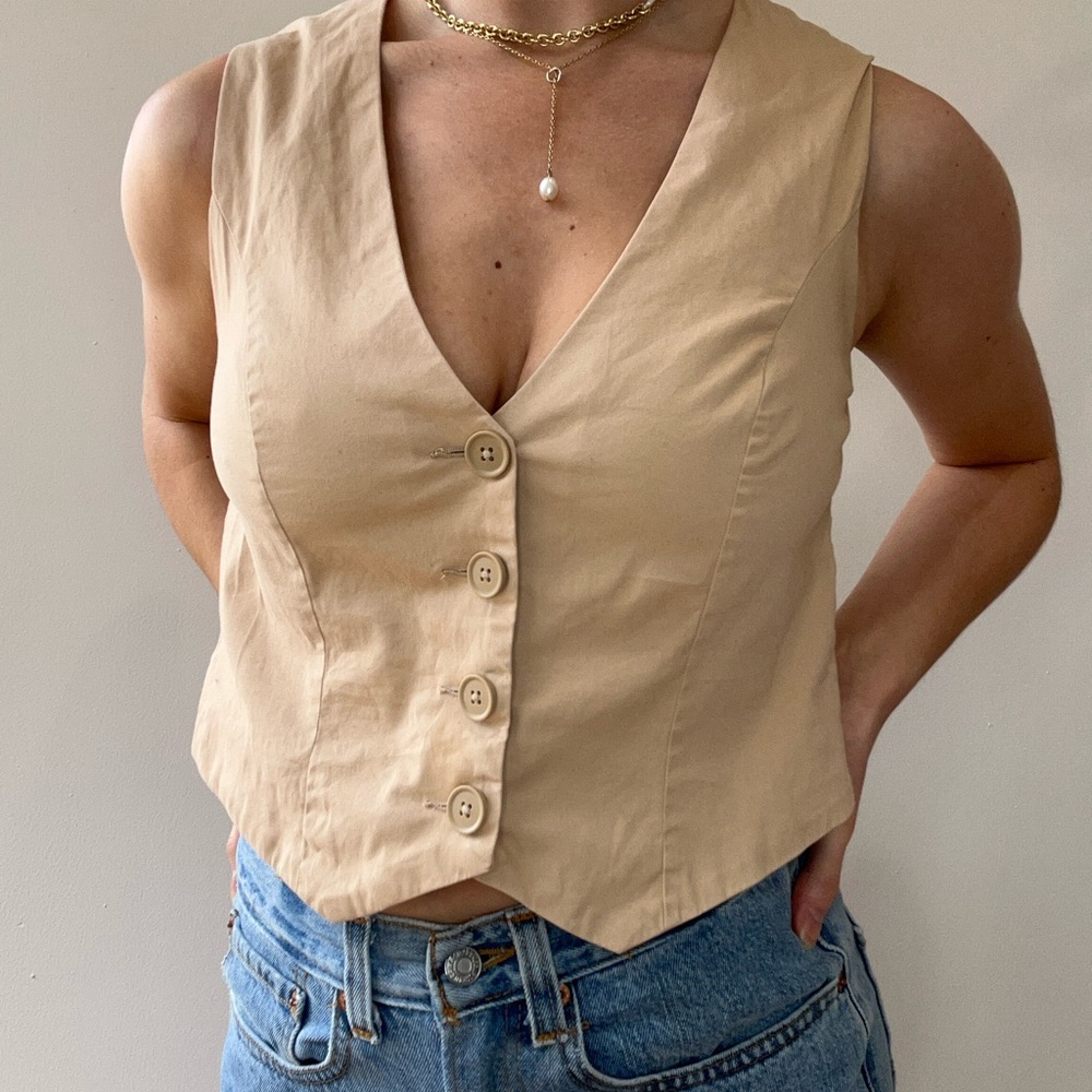 Women's Tan Button-Up Vest Top